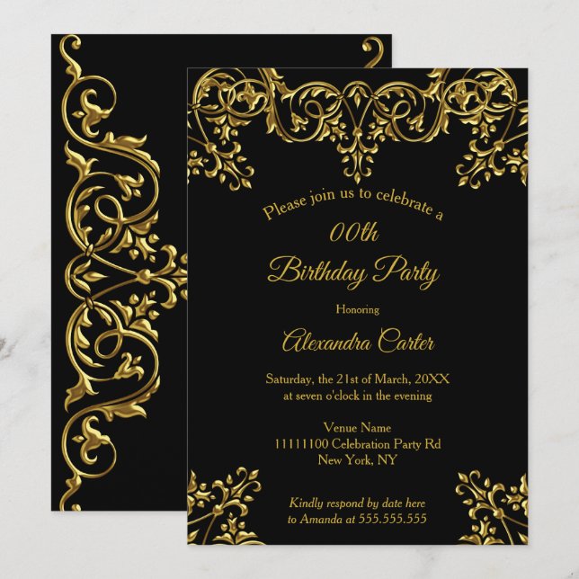 Elegant Ornate Gold Black Birthday Party Invitation (Front/Back)