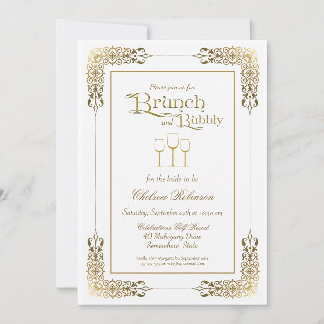 Elegant Ornate Gold Border Brunch and Bubbly Invitation (Front)