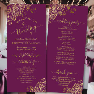 Elegant Ornate Gold Curls on Magenta Plum Wedding Programme