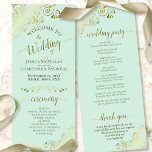 Elegant Ornate Gold Curls on Mint Green Wedding Programme<br><div class="desc">This beautiful wedding program features an elegant design with gold text on a neo mint green colored background and lacy golden faux foil curls and swirls in the corners. The titles are written in fancy script calligraphy, and there is space for your ceremony and wedding party details, as well as...</div>