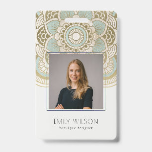 Elegant Ornate Gold Foil Teal Mandala Photo ID Badge