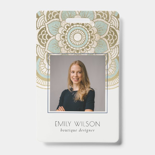 Elegant Ornate Gold Foil Teal Mandala Photo ID Badge (Front)
