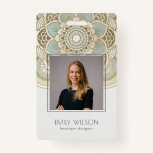 Elegant Ornate Gold Foil Teal Mandala Photo ID Badge