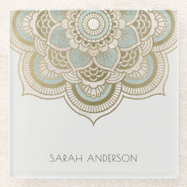 Elegant Ornate Gold Foil Teal Turquoise Mandala Glass Coaster (Front)