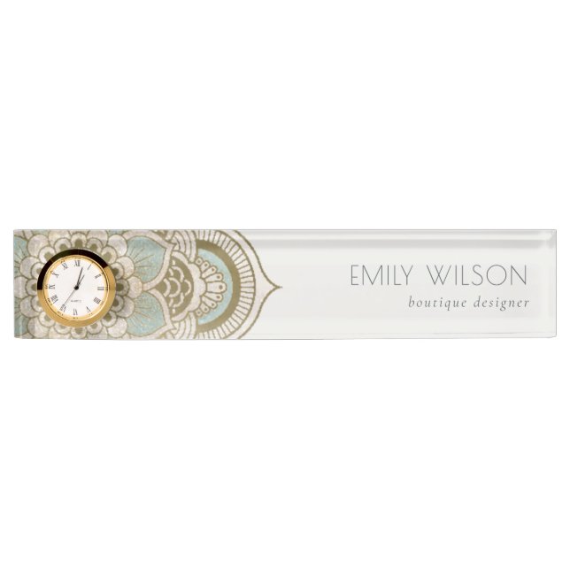 Elegant Ornate Gold Foil Teal Turquoise Mandala Nameplate (Front)