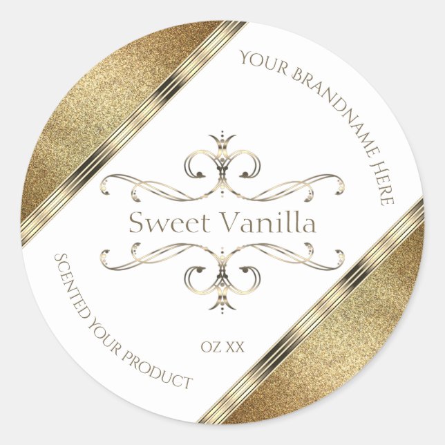 Elegant Ornate Gold Glitter White Product Labels (Front)