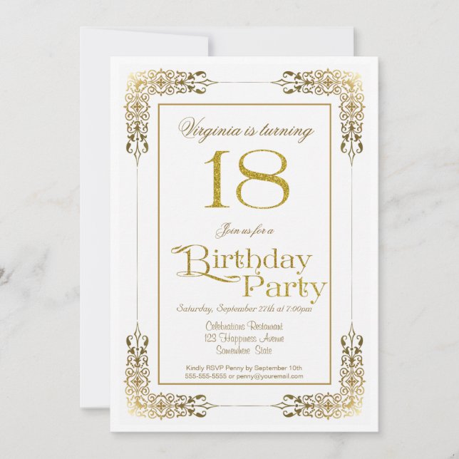 Elegant Ornate Gold Lace 18th Birthday Party Invitation (Front)