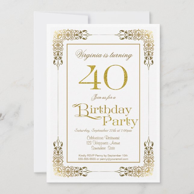 Elegant Ornate Gold Lace 40th Birthday Party Invitation (Front)