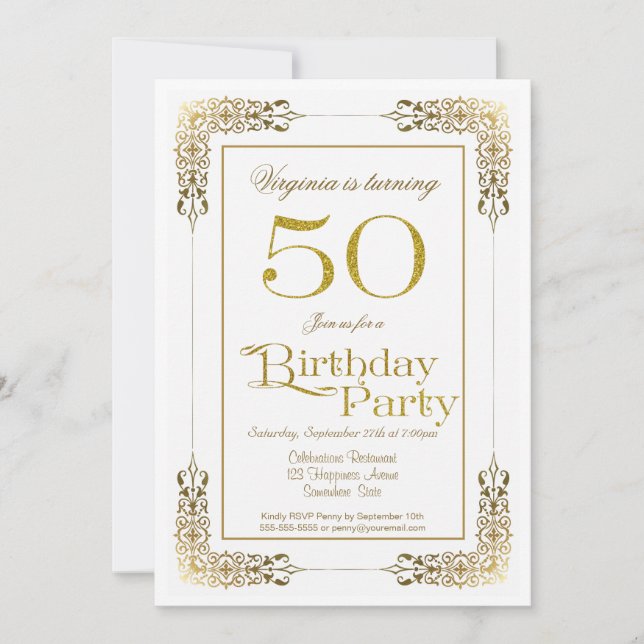 Elegant Ornate Gold Lace 50th Birthday Party Invitation (Front)