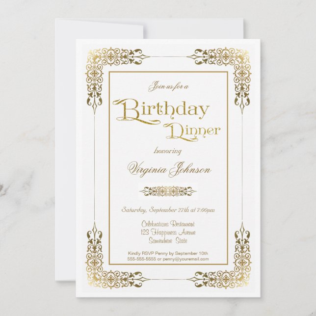 Elegant Ornate Gold Lace Birthday Dinner Party Invitation (Front)