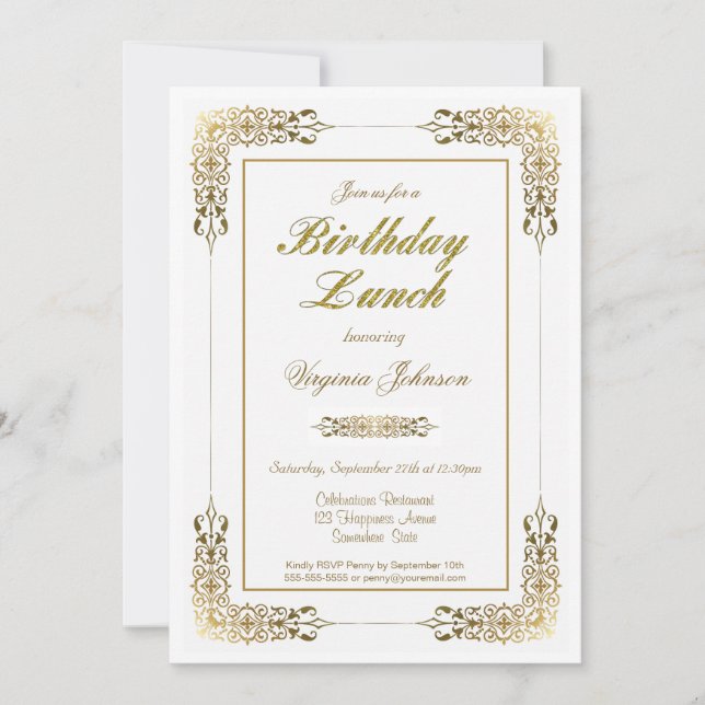 Elegant Ornate Gold Lace Birthday Lunch Party Invitation (Front)