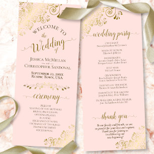 Elegant Ornate Gold Lace on Blush Pink Wedding Programme