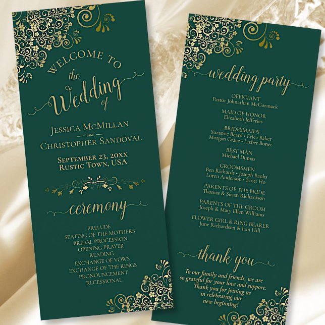 Elegant Ornate Gold Lace on Emerald Green Wedding Programme (Front and Back)