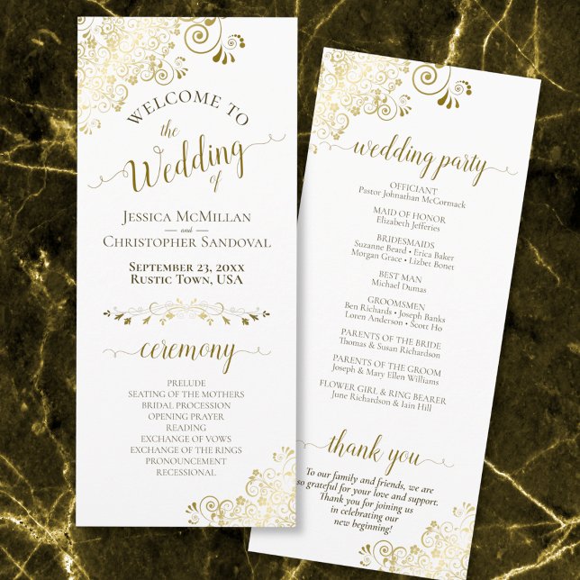 Elegant Ornate Gold Lace on White Wedding Programme (Creator Uploaded)