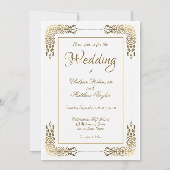 Elegant Ornate Gold Lace Wedding Invitation (Front)
