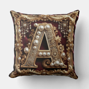 Elegant Ornate Gold Letter A Decorated With Pearls Cushion