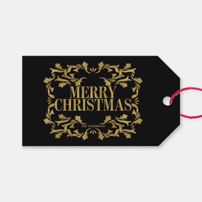 Elegant Ornate Gold Merry Christmas Gift Tag (Front (Horizontal))