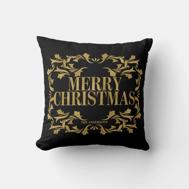 Elegant Ornate Gold Merry Christmas Throw Pillow (Front)