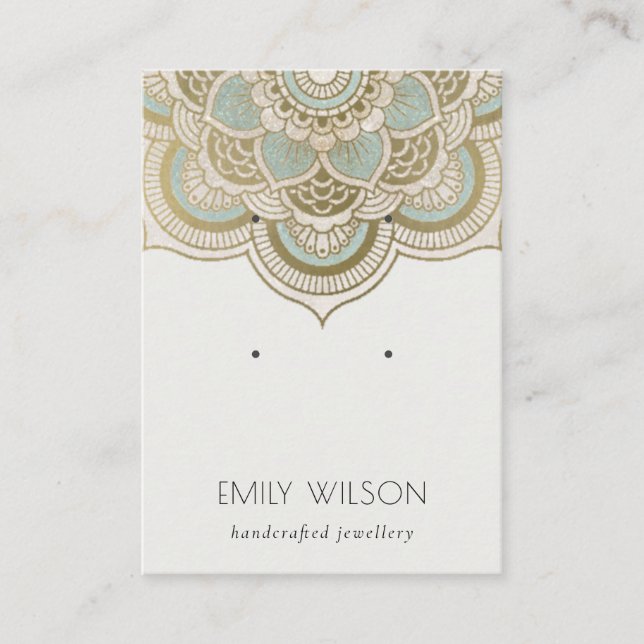 Elegant Ornate Gold Teal Mandala 2 Earring Display Business Card (Front)
