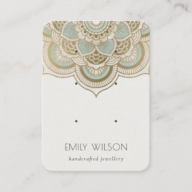 Elegant Ornate Gold Teal Mandala 3 Earring Display Business Card (Front)