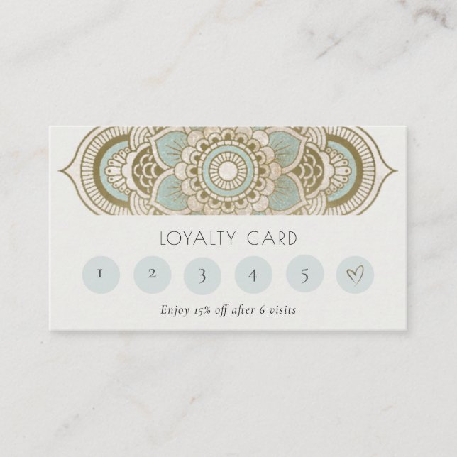 Elegant Ornate Gold Teal Mandala 6 Punch Loyalty Business Card (Front)