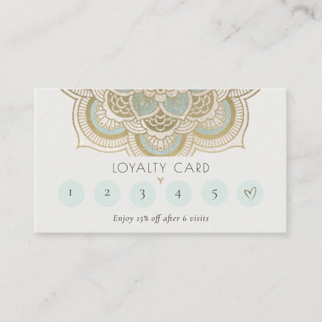 Elegant Ornate Gold Teal Mandala 6 Punch Loyalty Business Card (Front)