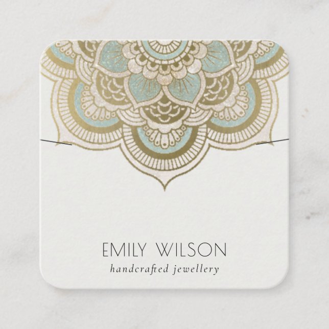 Elegant Ornate Gold Teal Mandala Necklace Display Square Business Card (Front)