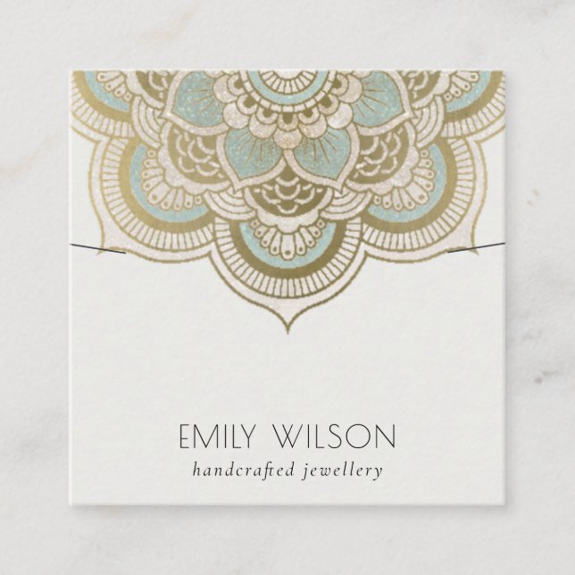 Elegant Ornate Gold Teal Mandala Necklace Display Square Business Card (Front)