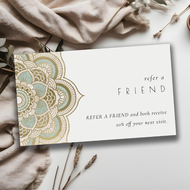 Elegant Ornate Gold Teal Mandala Refer a Friend Business Card (Creator Uploaded)