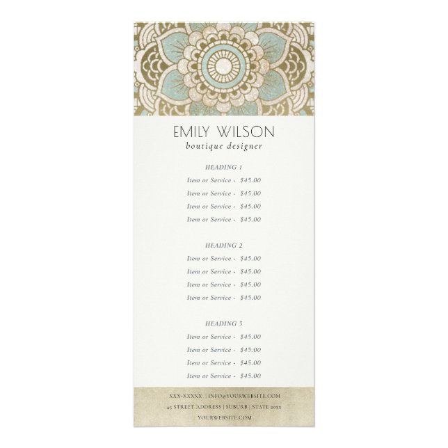 Elegant Ornate Gold Teal Mandala Service Price Rack Card (Front)