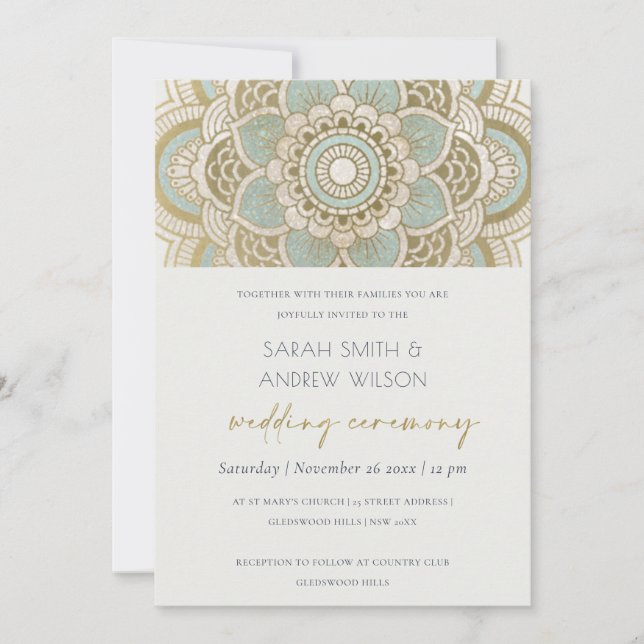 Elegant Ornate Gold Teal Mandala Wedding Invite (Front)