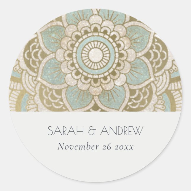 Elegant Ornate Gold Teal Turquoise Mandala Wedding Classic Round Sticker (Front)