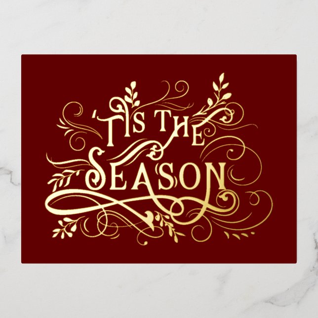 Elegant Ornate Gold 'Tis the Season Typography  Foil Holiday Postcard (Front)