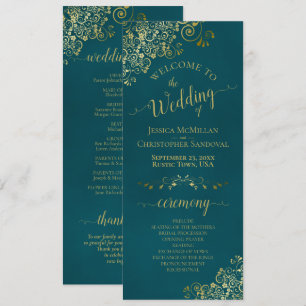 Elegant Ornate Golden Curls on Dark Teal Wedding Programme