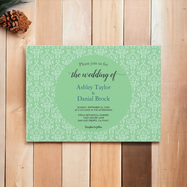 Elegant Ornate Green Damask Modern Formal Wedding Invitation (Creator Uploaded)