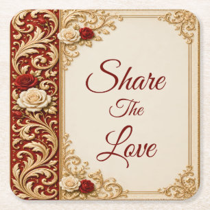 Elegant Ornate Red and Gold Rose Wedding Coaster