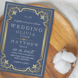  Elegant ornate romantic vintage blue gold Wedding Invitation