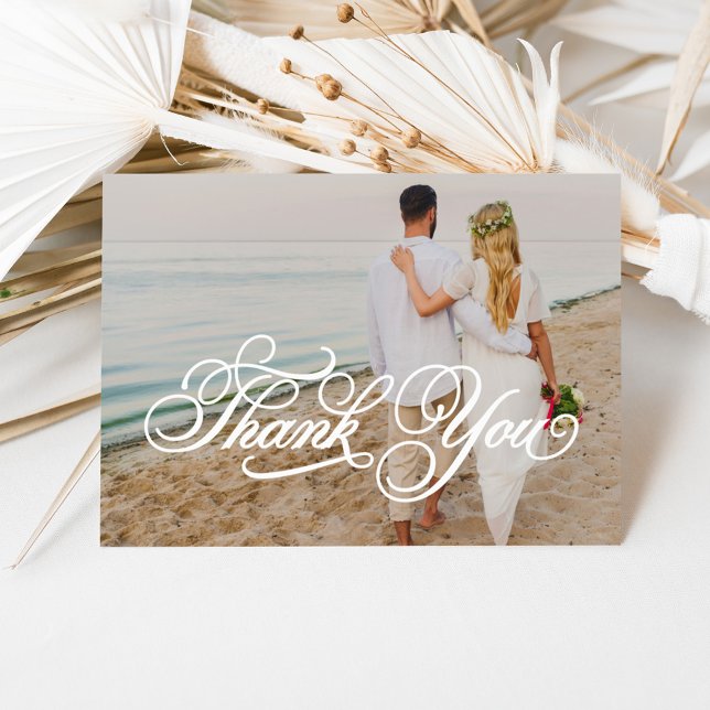 Elegant Ornate Script Photo Overlay Wedding Thank You Card (Creator Uploaded)