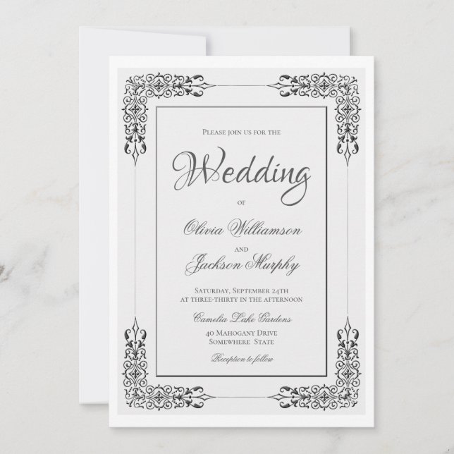 Elegant Ornate Silver Grey and White Lace Wedding Invitation (Front)