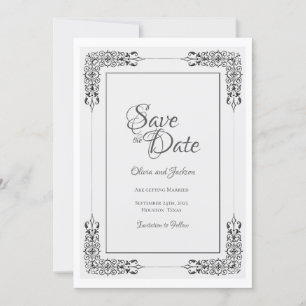 Elegant Ornate Silver Grey Lace Border Wedding Save The Date