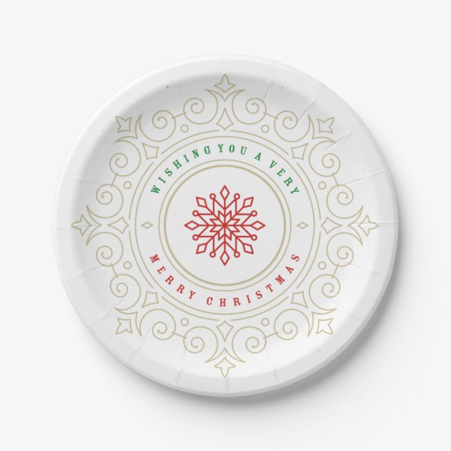 Elegant Ornate Snowflake Holiday Greeting Paper Plate (Front)