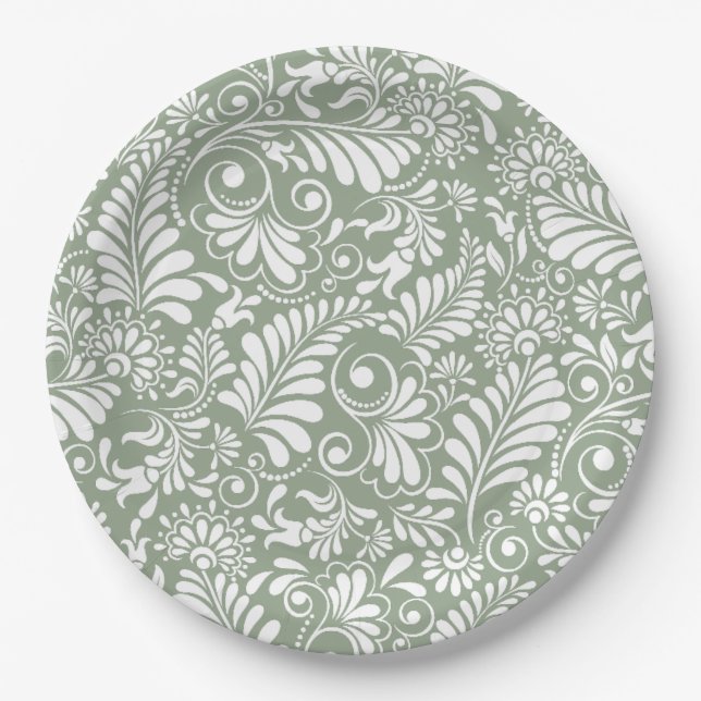 Elegant Ornate Swirl Sage Green Floral Wedding Paper Plate (Front)