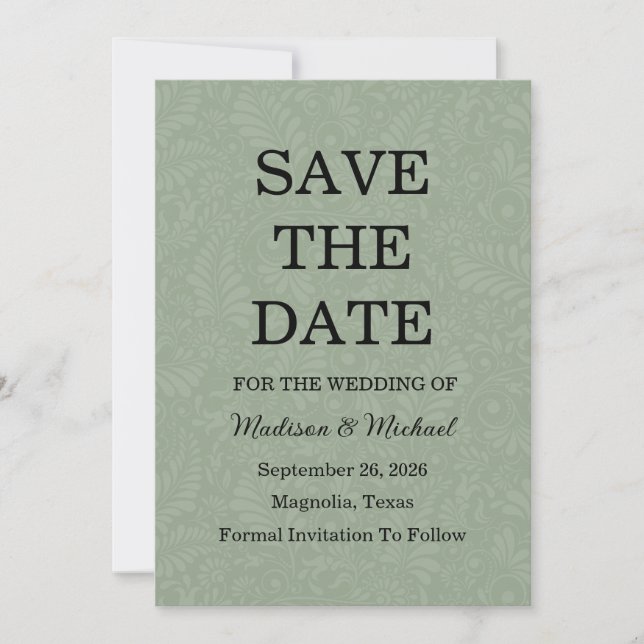 Elegant Ornate Swirl Sage Green Floral Wedding Save The Date (Front)