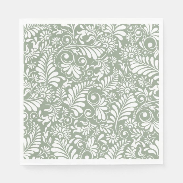 Elegant Ornate Swirl Save Green Floral Wedding Napkin (Front)