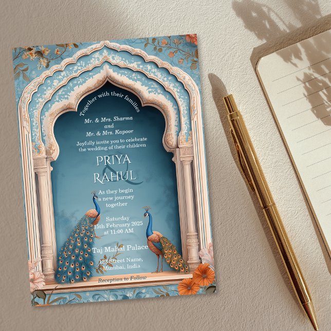 Elegant Ornate Vintage Peacocks Indian Wedding Invitation (blue indian arch with two peacocks wedding invitation)