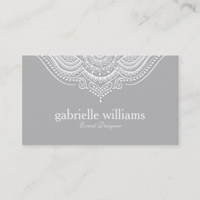 Elegant Ornate White & Light Grey Geometric Design Business Card (Front)
