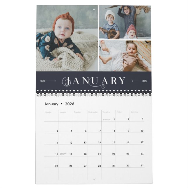 Elegant Ornate White Navy Months Photo Collage Calendar (Jan 2026)