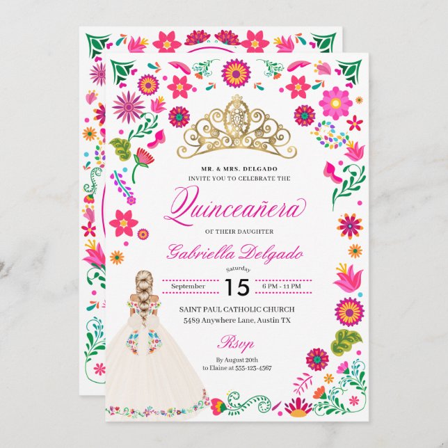 Elegant Otomi Embroidery Quinceañera Invitation (Front/Back)
