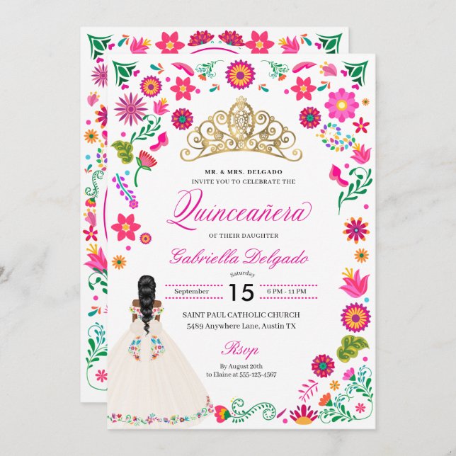 Elegant Otomi Embroidery Quinceañera Invitation (Front/Back)