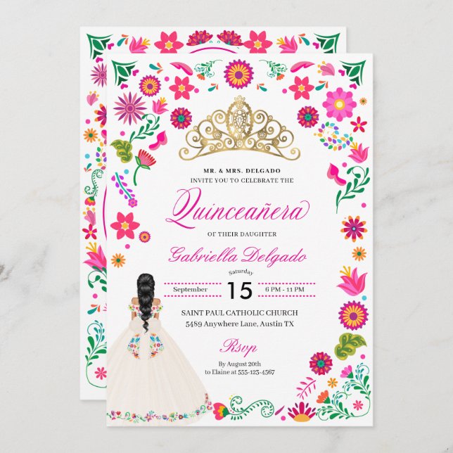 Elegant Otomi Embroidery Quinceañera Invitation (Front/Back)
